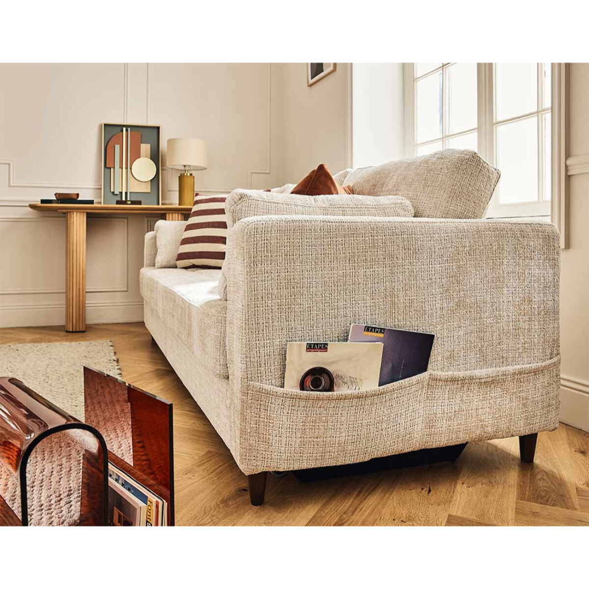 Anna - canapé droit 3 places convertible avec poche en velours texturé - Beige