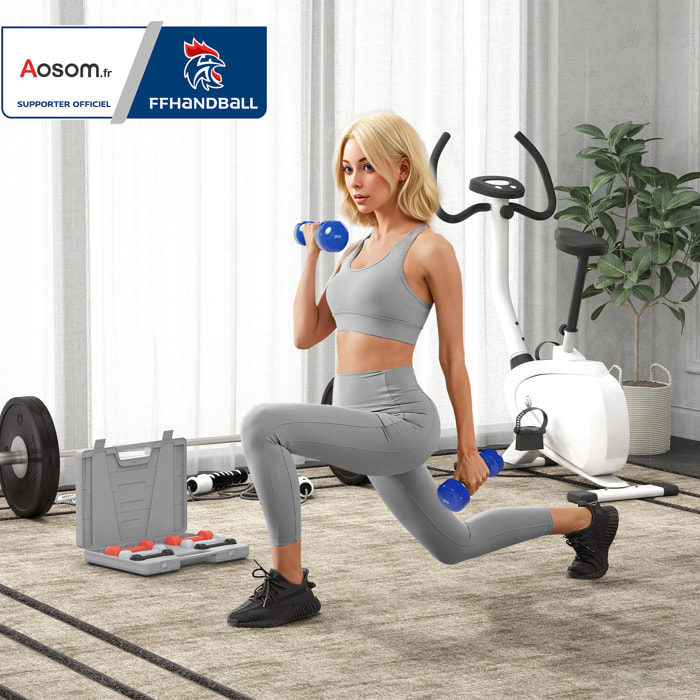 Ensemble d'haltères courtes total 10 Kg - collaboration Aosom.fr x FFHandball - paires de 0,5/1/1,5/2 Kg avec malette - métal PU multicolore