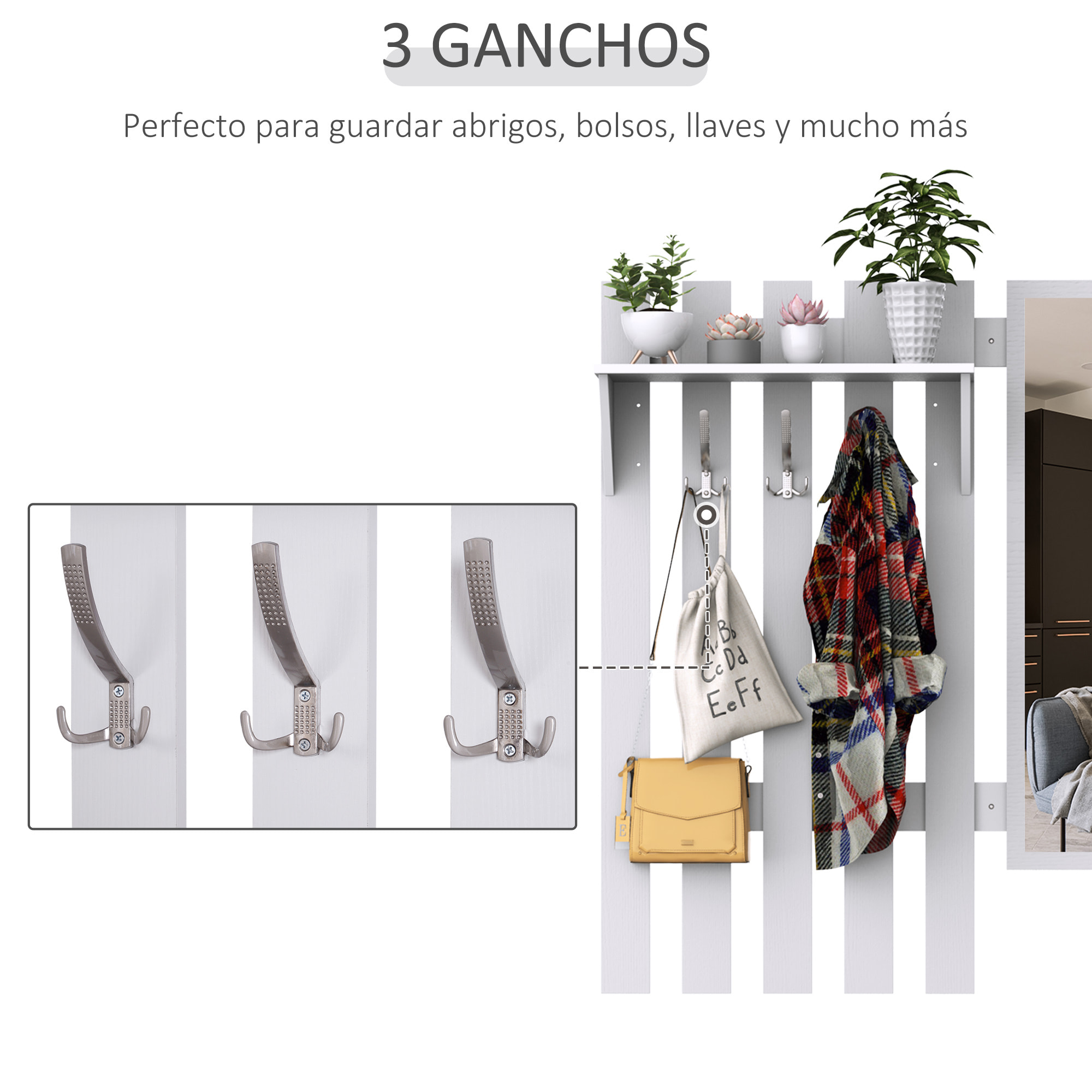 Conjunto de Recibidor de Entrada con Espejo Perchero y Zapatero Muebles de Entrada con 3 Ganchos Estante y 2 Cajones para Pasillo Blanco