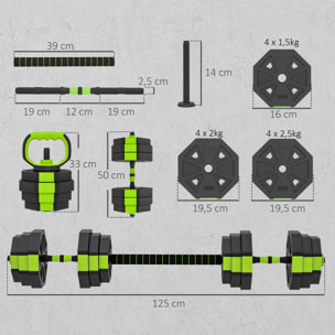 Juego de Mancuernas Ajustables, 4 en 1, 25kg, Juego de Pesas Utilizado como Kettlebell, Barra, Mancuernas o Soporte para Flexiones, Equipo para Hombres y Mujeres, Gimnasio en Casa