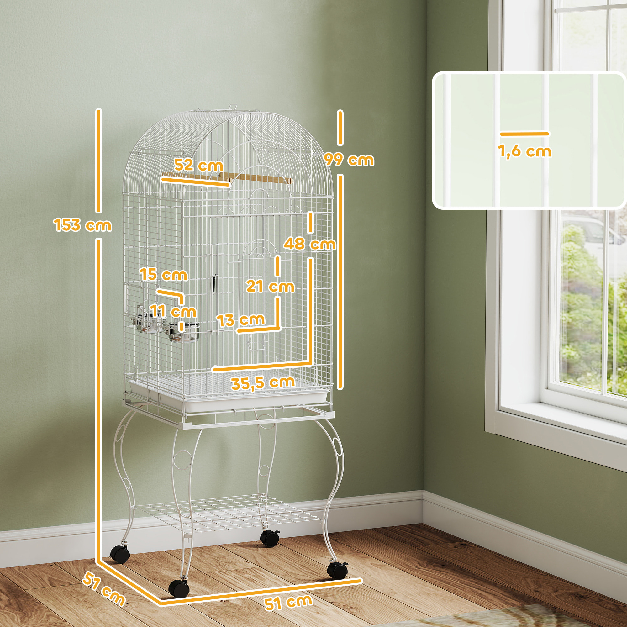 Jaula para Pájaros con Ruedas y Estante, 51x51x153 cm, Jaula Grande con Parte Superior Abatible, 2 Comederos, 2 Perchas, 4 Puertas y Bandeja Extraíble, para Loros y Canarios, Blanco