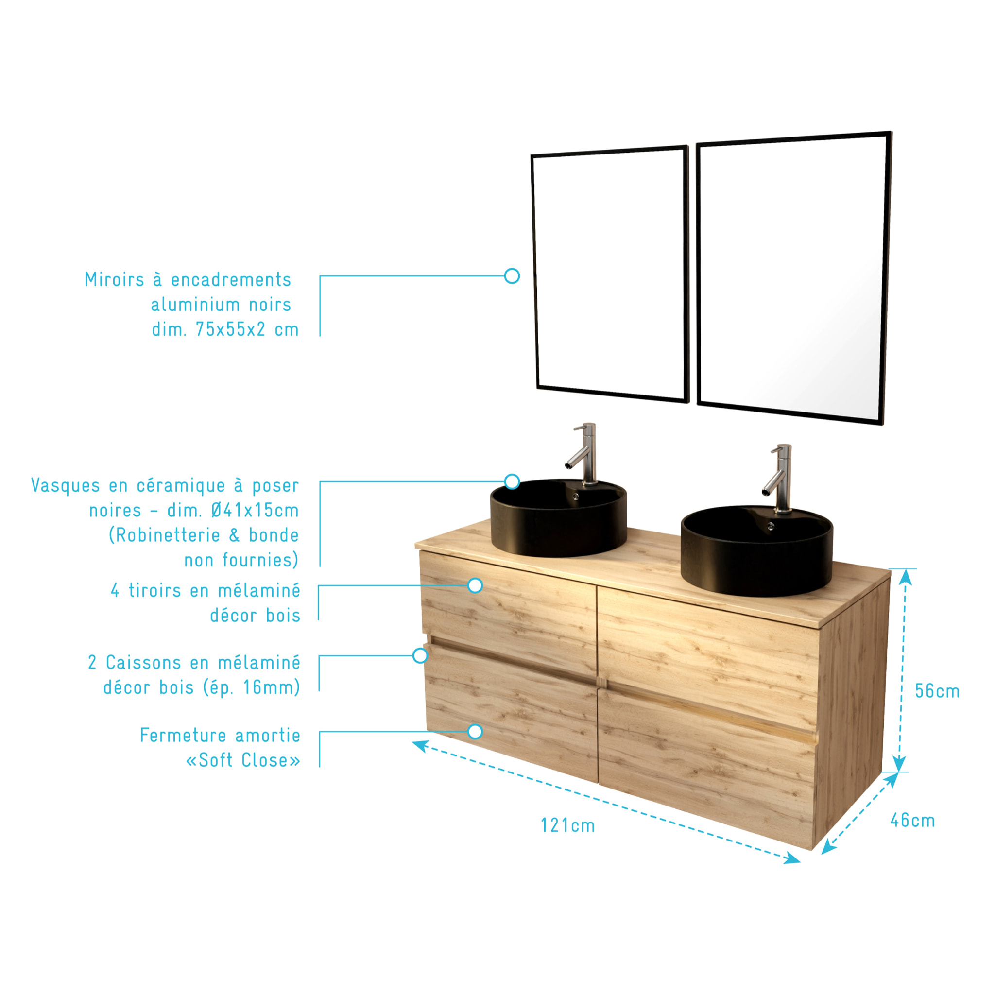 Meuble Salle de Bains 120cm 4 Tiroirs Chêne Naturel, 2 Vasques Noires Ø41cm et 2 Miroirs 55x75 cm