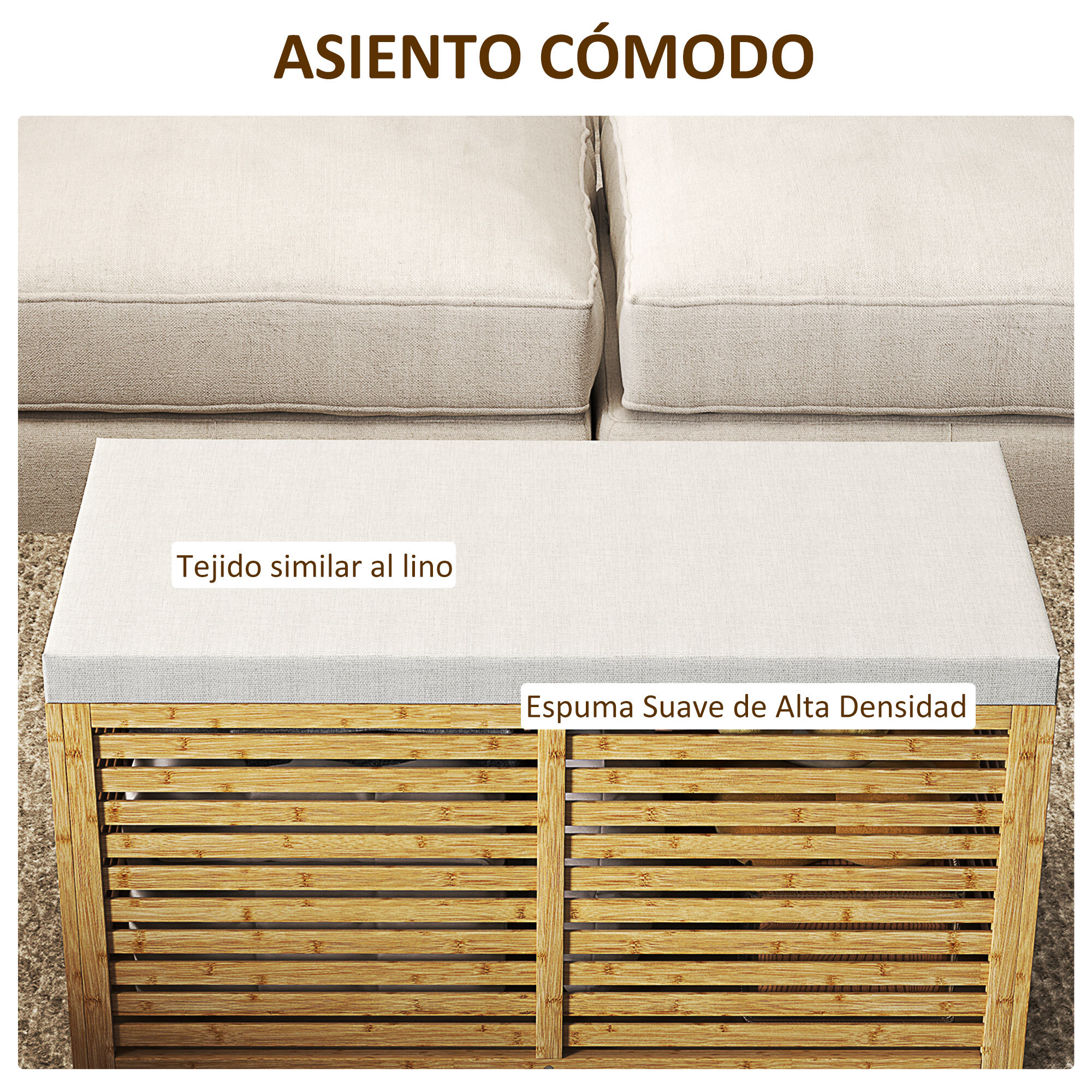Baúl de Almacenaje para Dormitorio 122L Taburete de Almacenaje Tapizado en Lino Sintético con Cojín Marco de Bambú para Entrada Salón 90x42x43 cm Gris y Natural
