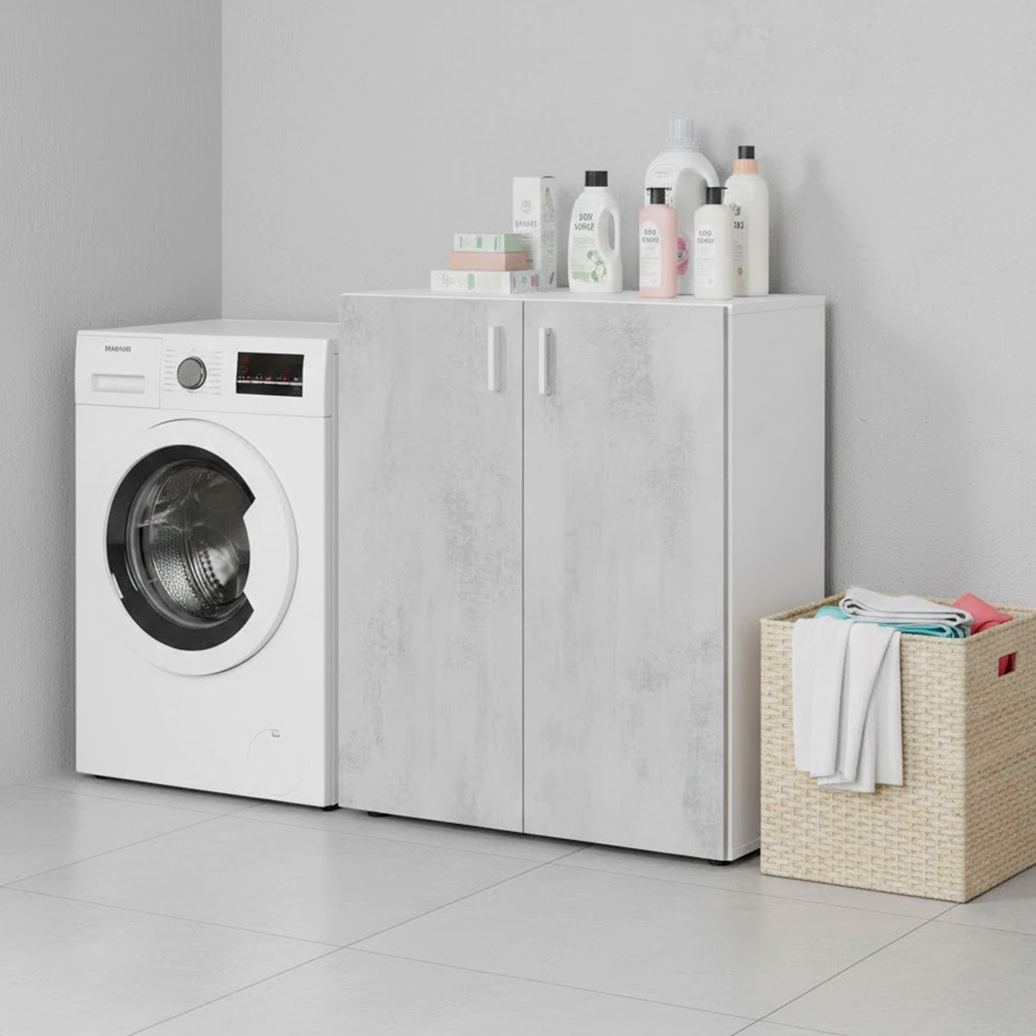 Armadietto Multiuso Armadio Basso A 2 Ante Mobile Salvaspazio Con Ripiani Regolabili Bagno Lavanderia Ripostiglio 80x37x92 Cm Bianco E Grigio Cemento