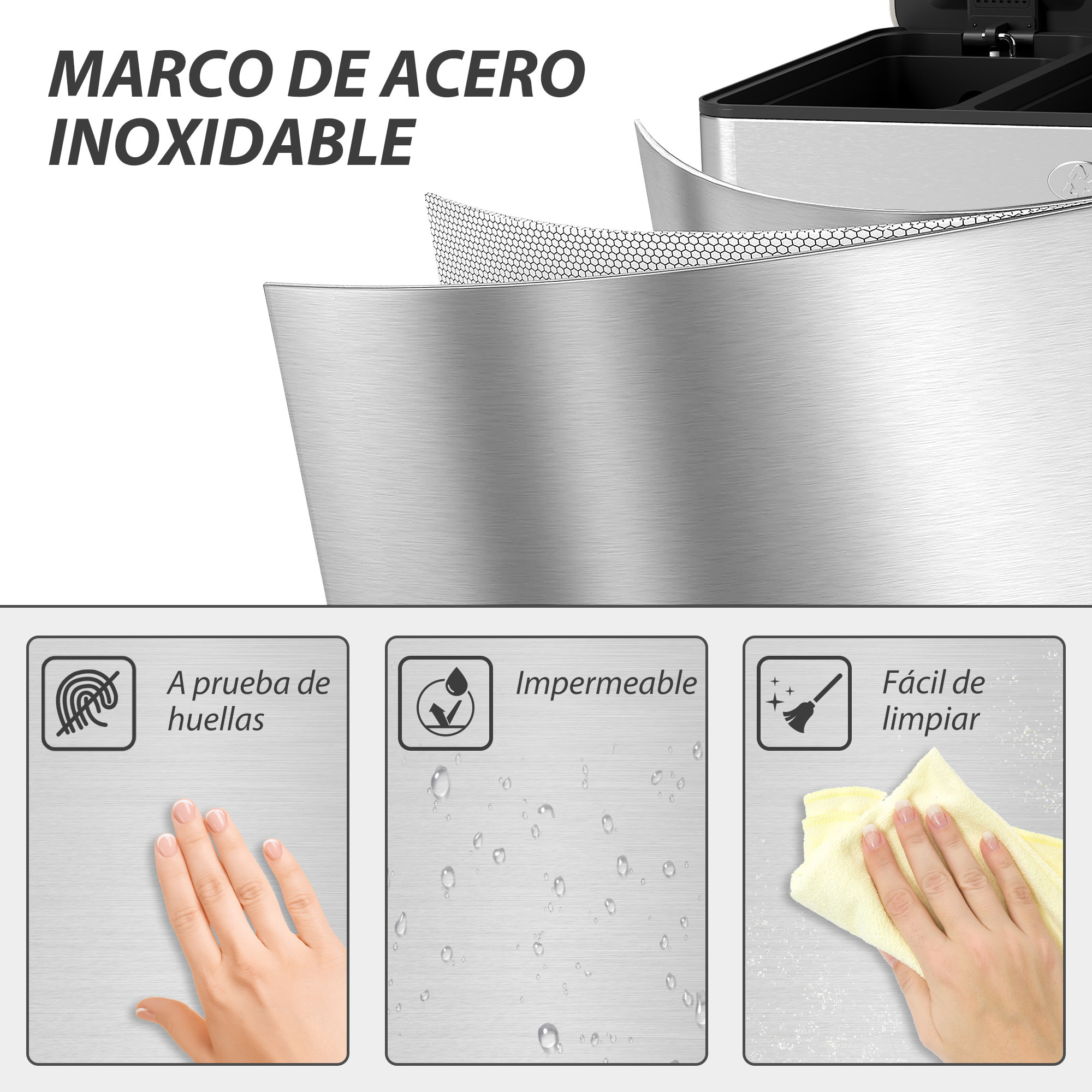 Cubo de Basura de Cocina con 3 Compartimentos 3x10L Papelera de Cocina de Acero Inoxidable con Pedales Tapas de Cierre Suave y Cubo Extraíble para Reciclaje Residuos Restos de Comida Plata