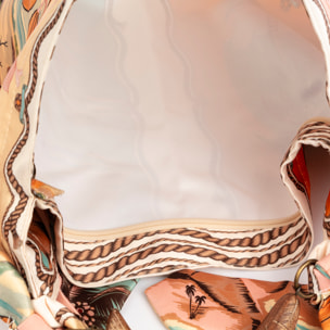 Bereguardo Bolso de hombro Mujer. Fabricado en tejido suave estampado con tintes naturales con asa de madera.