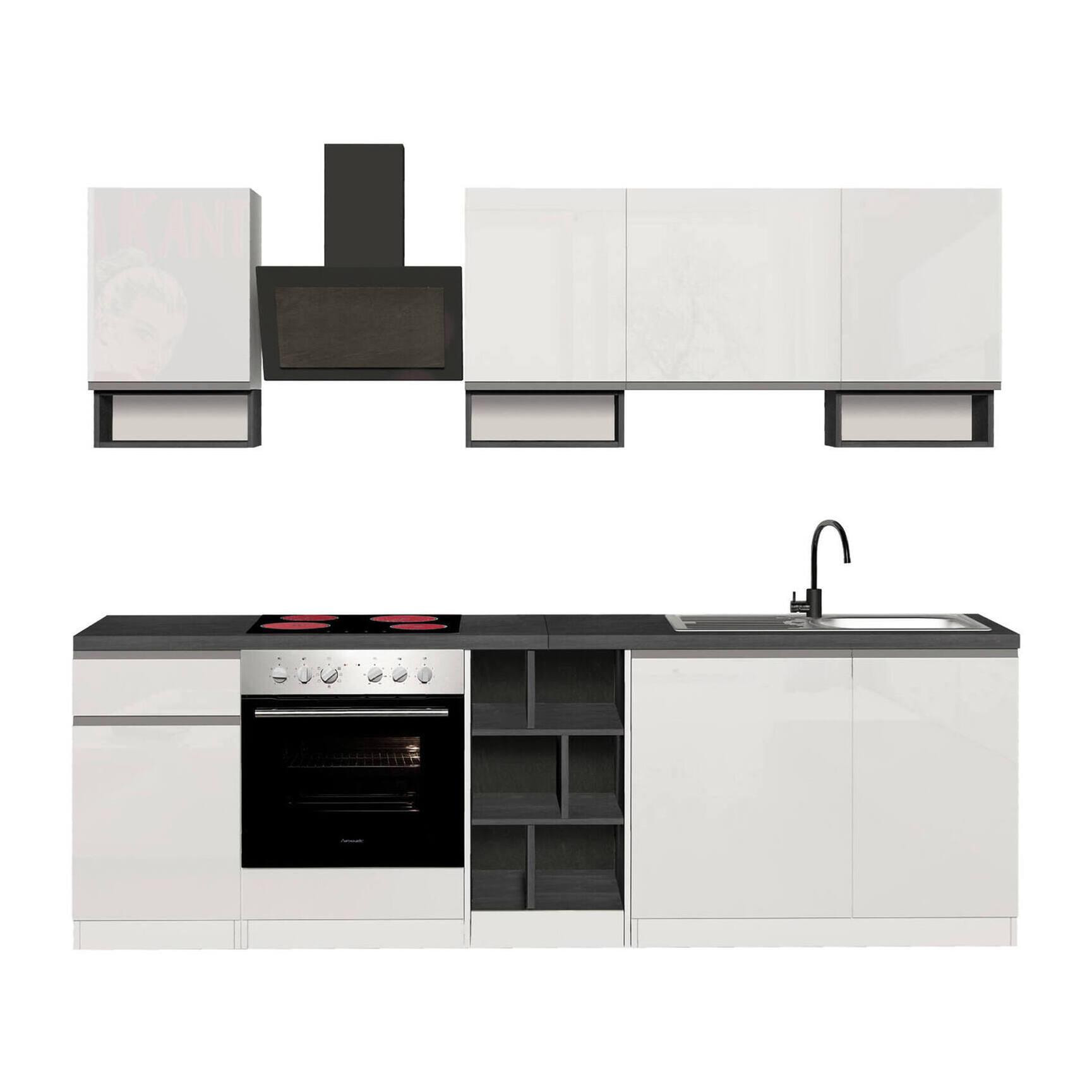 Cucina completa Dcelient, Cucina pratica e salvaspazio, Parete da cucina con 7 ante e 1 cassetto, 100% Made in Italy, 255x60h85 cm, Bianco lucido e Ardesia