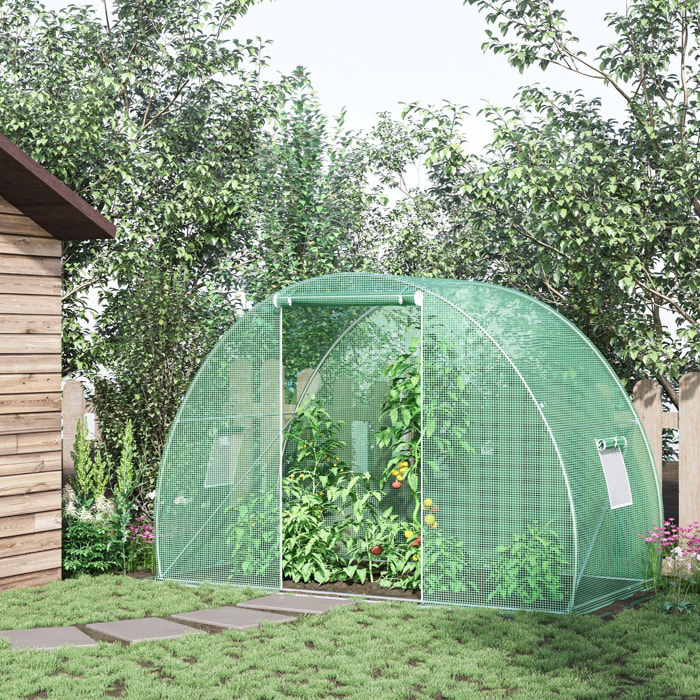 Serre de jardin tunnel surface sol 4,5 m² dim. 3L x 1,5l x 2H m châssis tubulaire renforcé porte zippée 2 fenêtres enroulables vert