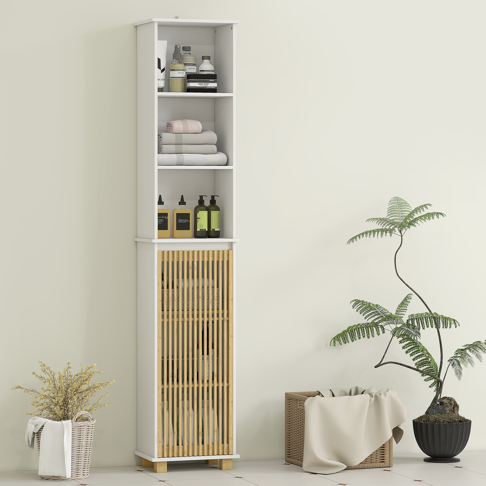 Colonne salle de bain H.173 cm - porte à lattes verticales, étagère, 3 niches - piètement bambou blanc