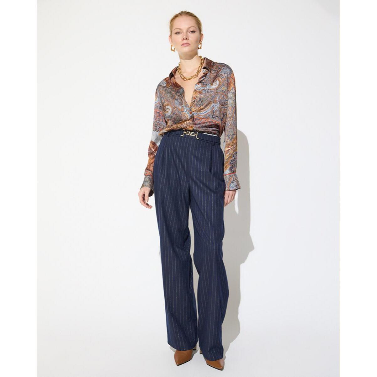 Pantaloni blu notte con gessatura dorata e fibbia personalizzata (m) in vita