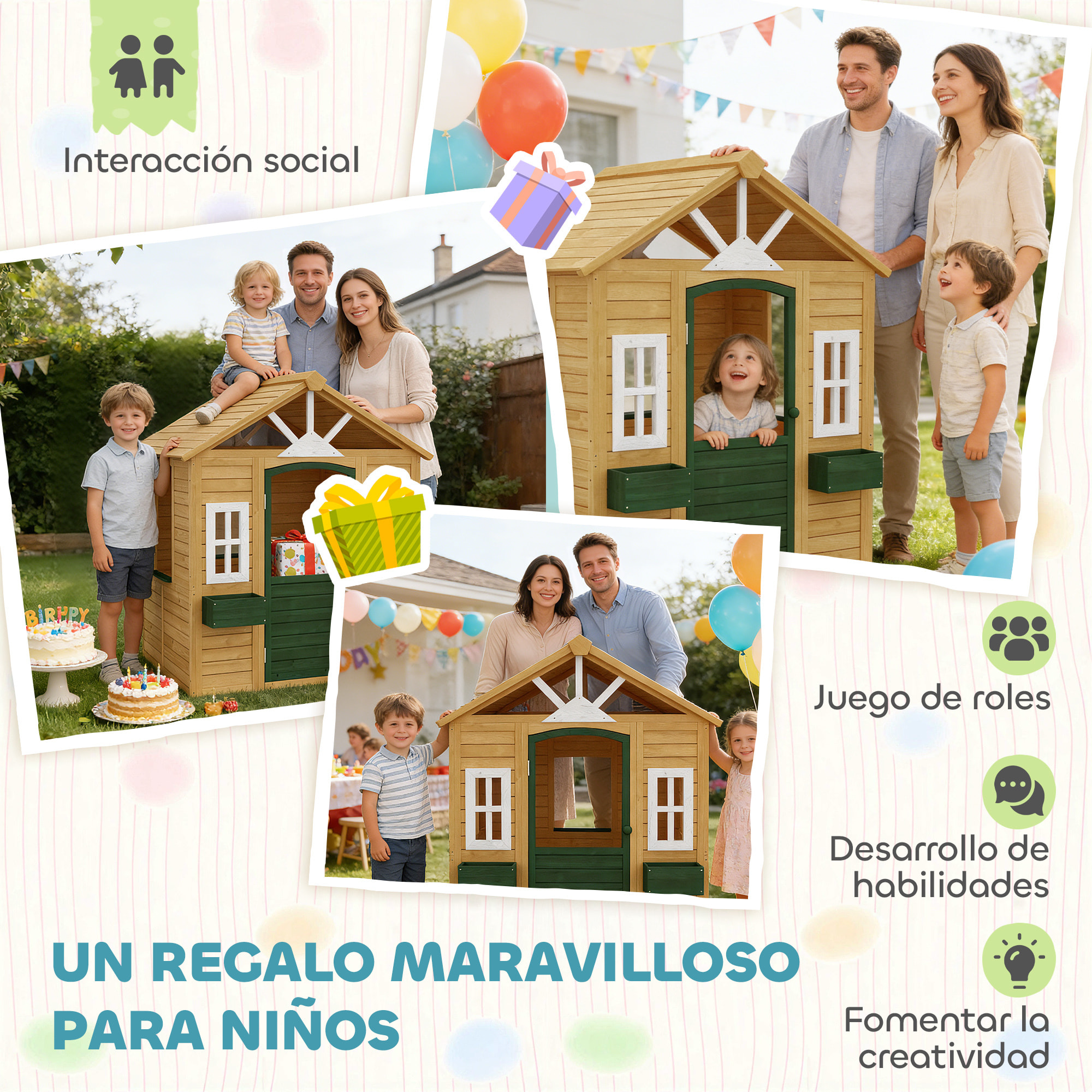 Casita Infantil Exterior e Interior de Madera, Casita Infantil con 2 Maceteros, 3 Ventanas, Media Puerta, Casa de Jardín para Niños de 3-8 Años, Marrón
