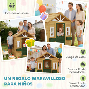 Casita Infantil Exterior e Interior de Madera, Casita Infantil con 2 Maceteros, 3 Ventanas, Media Puerta, Casa de Jardín para Niños de 3-8 Años, Marrón