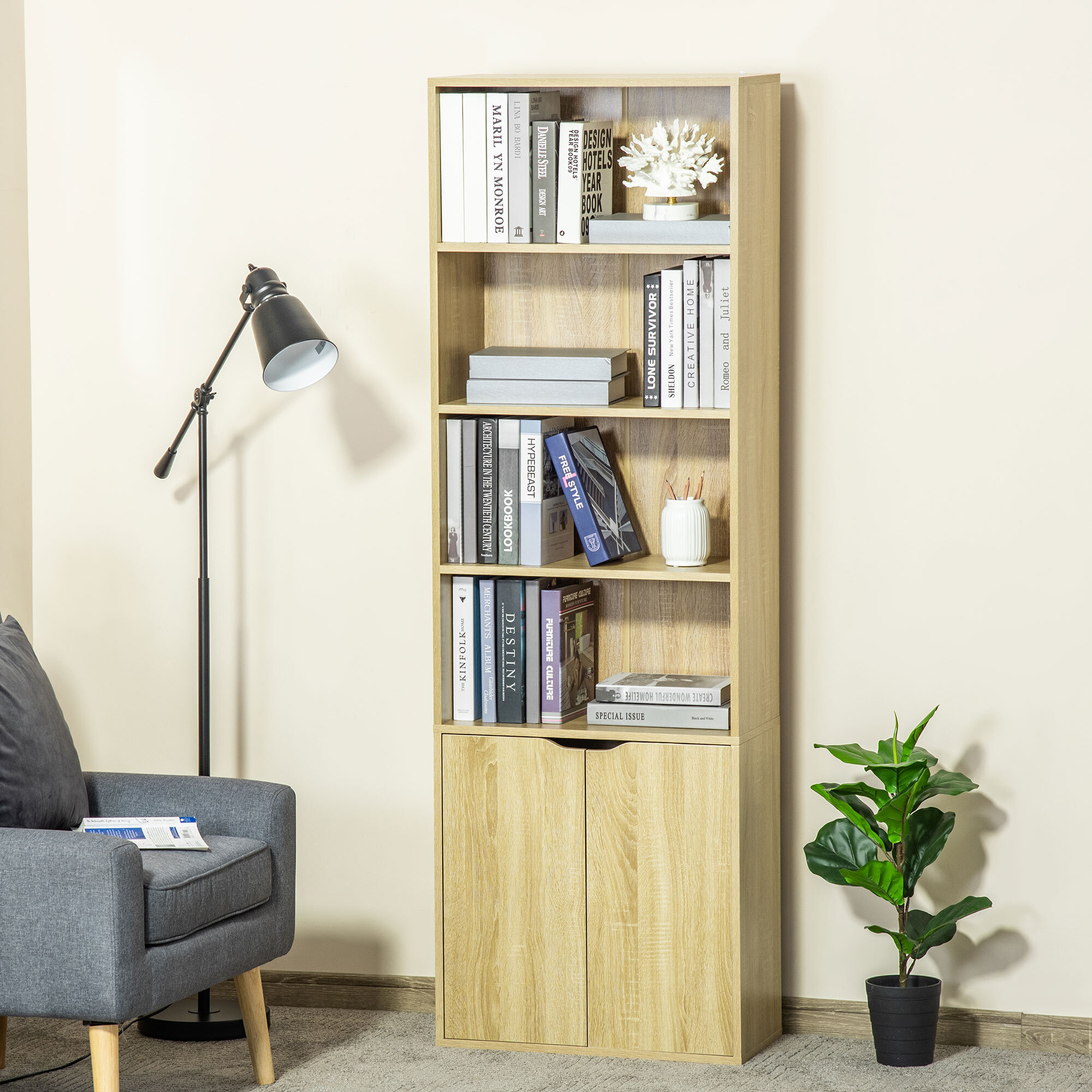 Bibliothèque 4 étagères armoire 2 portes dim. 59 x 29 x 180 cm effet bois clair