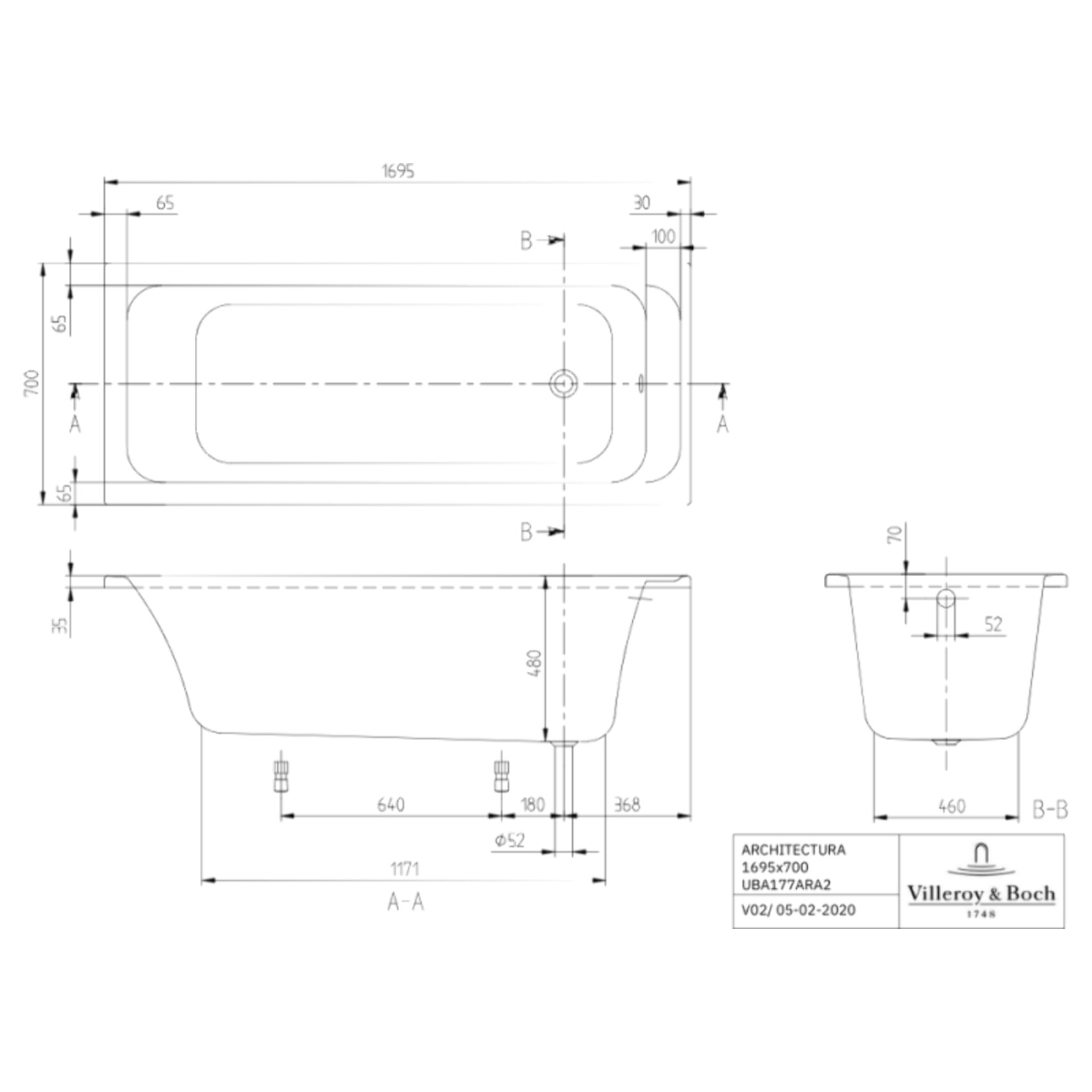 Baignoire droite VILLEROY & BOCH Architectura avec pieds acrylique 170 x 70 cm  + Pare bain droite AURYS Raywall chromé