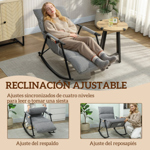 Silla Mecedora con Respaldo y Reposapiés Ajustables, Mecedora Sillón Balancín 105°, Tapizada en Lino, con Bolsillo Lateral y Marco de Metal, Carga 120 kg, para Dormitorio, Salón, Negro y Blanco