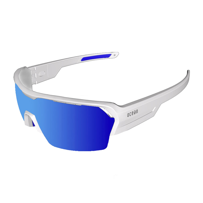 Gafas de deportes acuáticos OCEAN RACE - Blanco mate / Revo azul y plaquetas y puntas azules