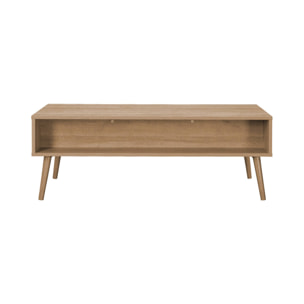 Table basse. Eva.  scandinave en cannage arrondi et en décor bois. 1 tiroir réversible L110 x l59 x H39cm