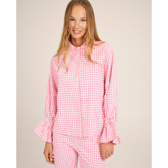 Camiseta de pijama de mujer abotonada de cuadros vichy
