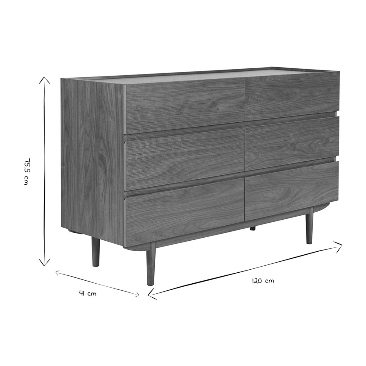 Commode finition bois foncé noyer 6 tiroirs L120 cm SANAA
