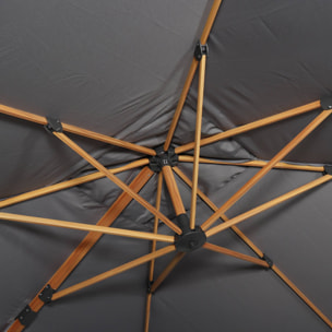 Parasol déporté carré gris 3x3m structure effet bois + Lot de 4 dalles à lester 50x50cm