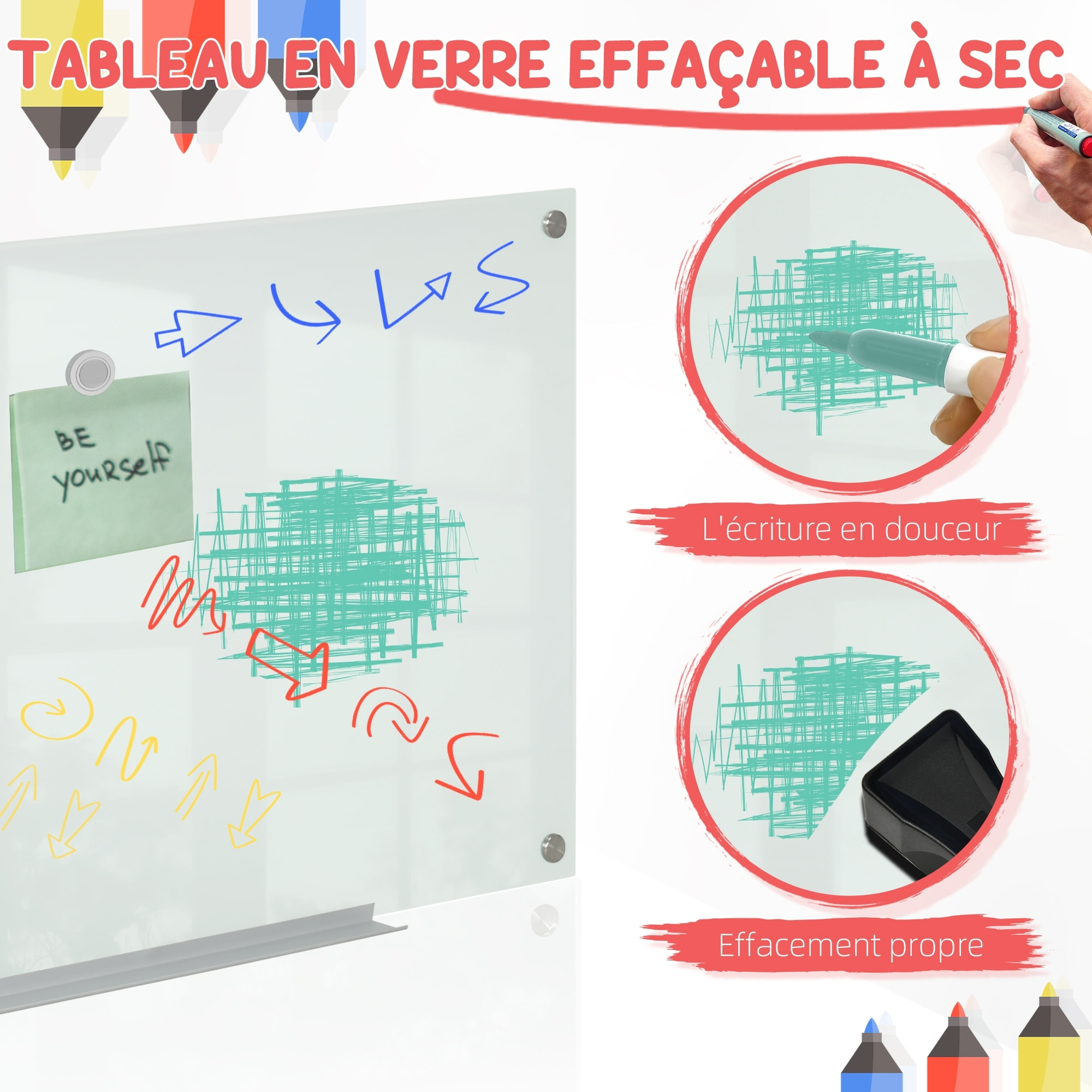 Tableau magnétique en verre dim. 90L x 60l cm - gouttière alu, matériel de fixation et accessoires inclus - blanc mat