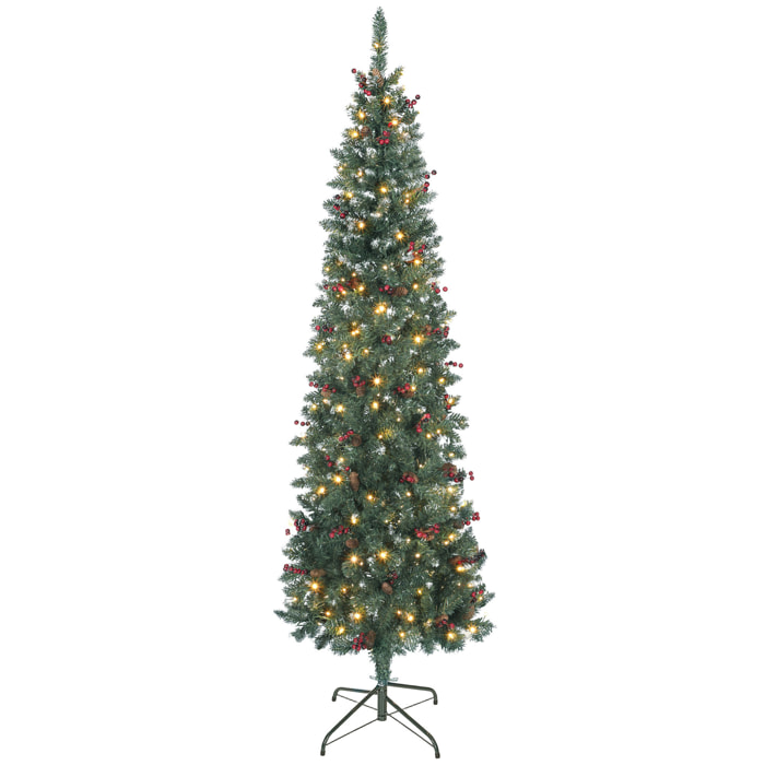 Árbol de Navidad Estrecho 210 cm, Árbol de Navidad con Luces LED, 8 Modos de Iluminación, Ramas con Purpurina Plateada, Piñas, Bayas y Soporte Metálico, Verde