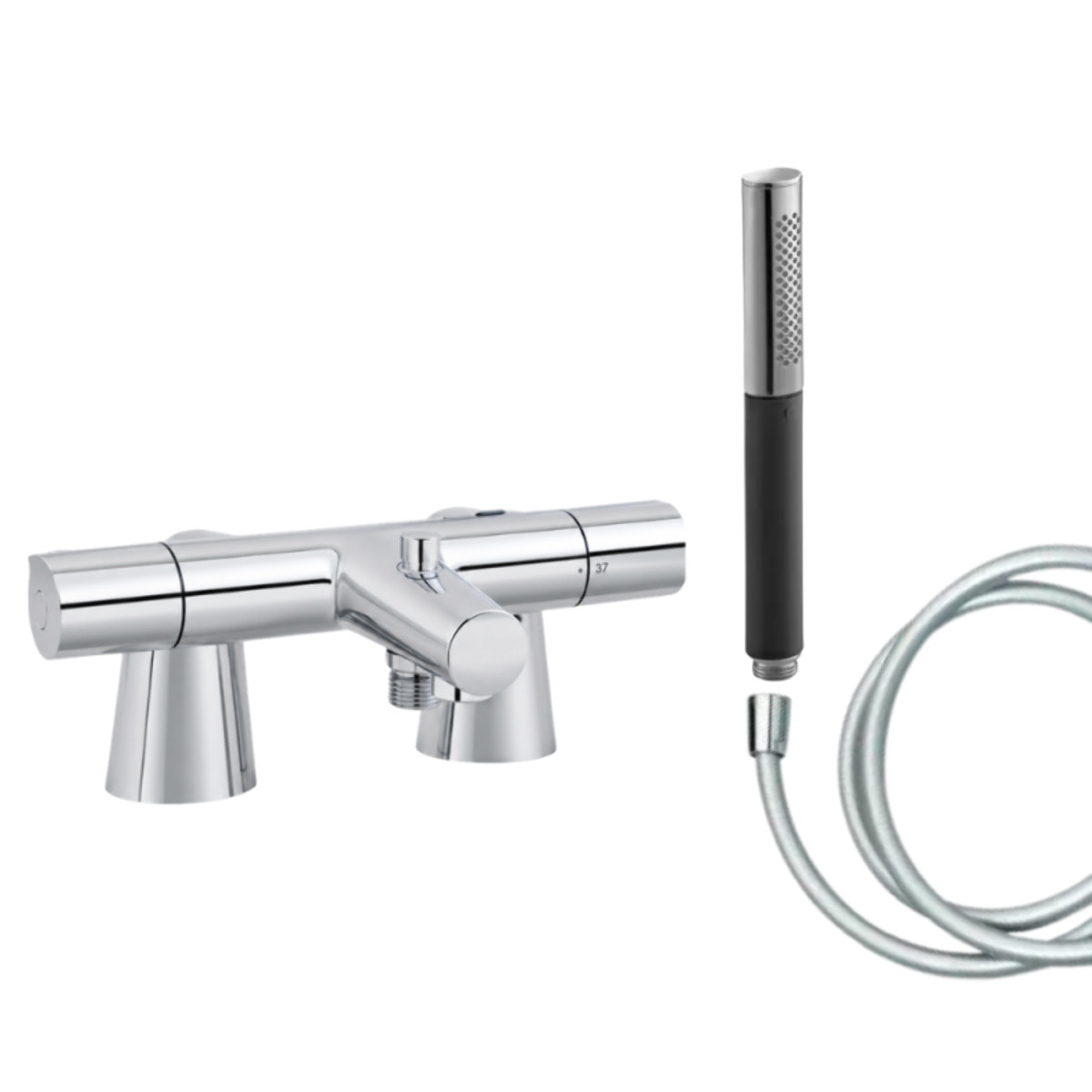 Mitigeur baignoire Simone + pommeau de douche Shift Ellipse + flexible de douche lisse + colonnettes