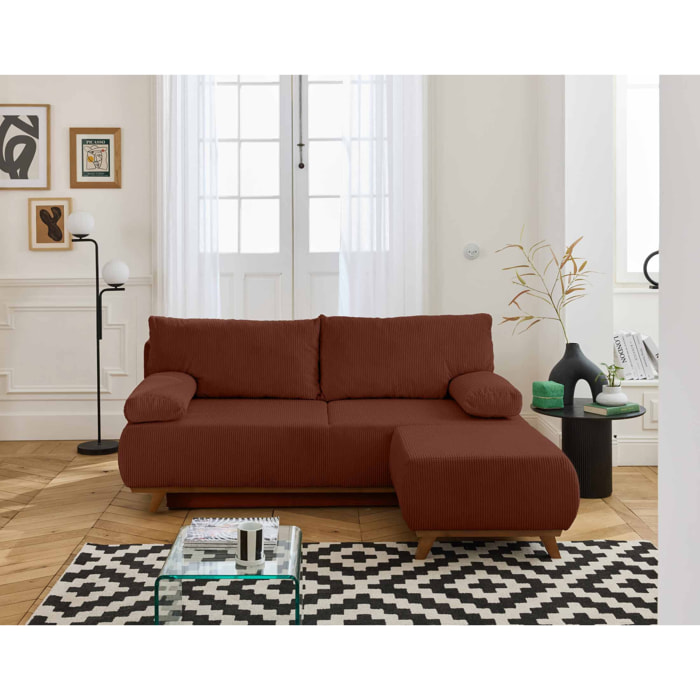 Cristal - canapé 3 places - convertible avec coffre et pouf - en velours côtelé - Terracotta