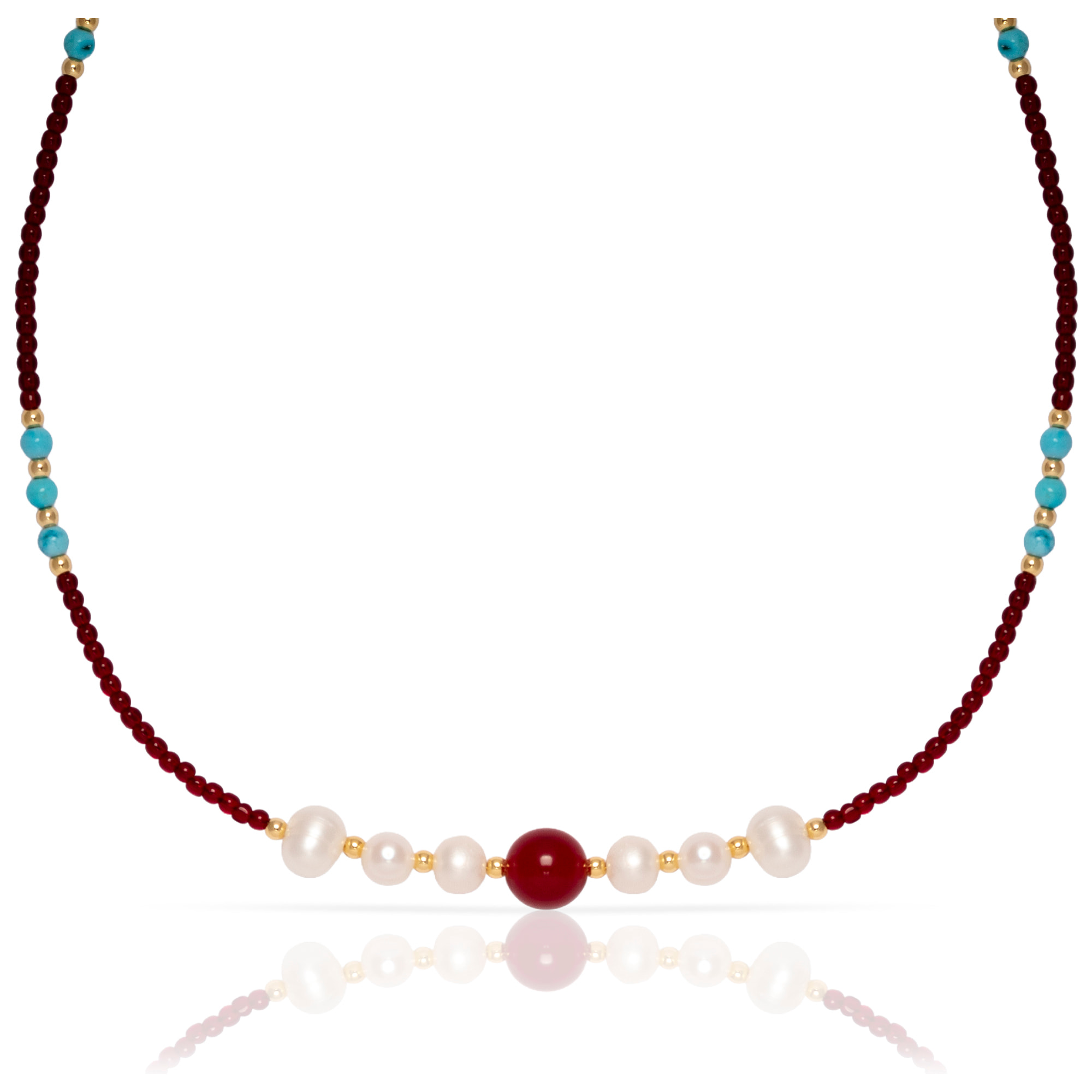 Marte Collar de perlas naturales con granate, turquesa y ágata roja, con cierre de mosquetón.