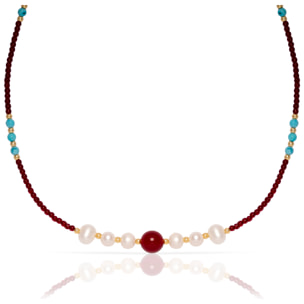 Marte Collar de perlas naturales con granate, turquesa y ágata roja, con cierre de mosquetón.