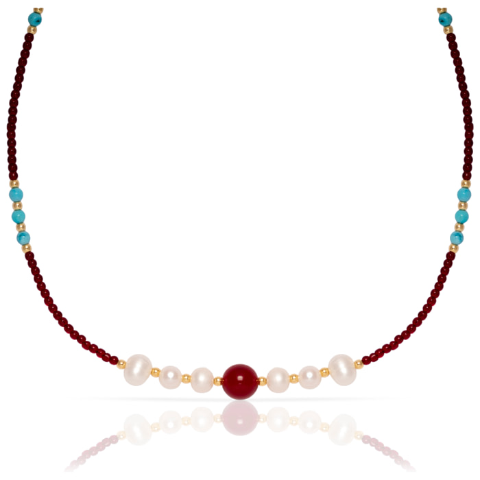 Marte Collar de perlas naturales con granate, turquesa y ágata roja, con cierre de mosquetón.