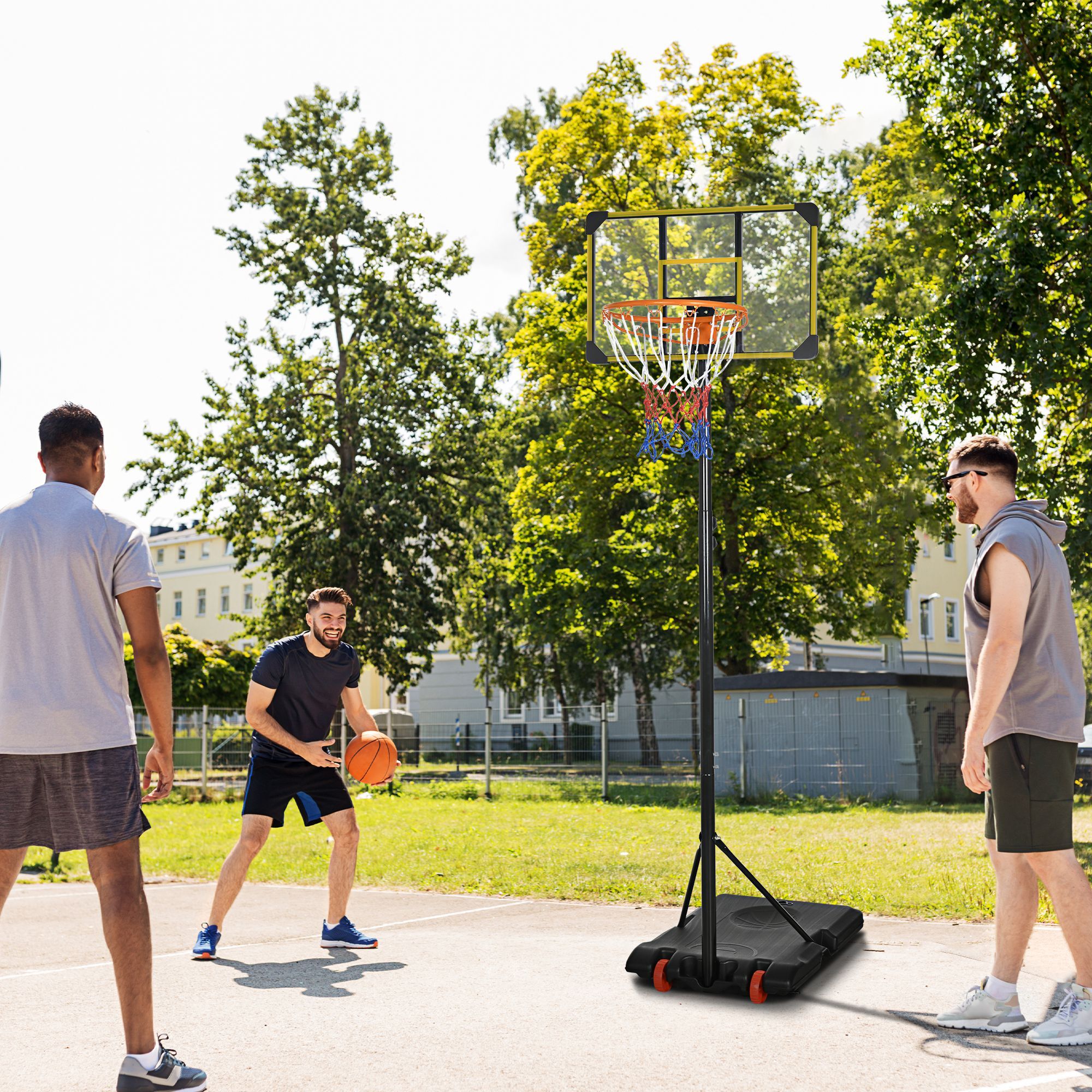 Canasta de Baloncesto Altura Ajustable 178-208 cm con Ruedas Aro de Baloncesto para Niños de +6 Años con Base Rellenable para Exterior 75x56x210-240 cm Amarillo y Negro