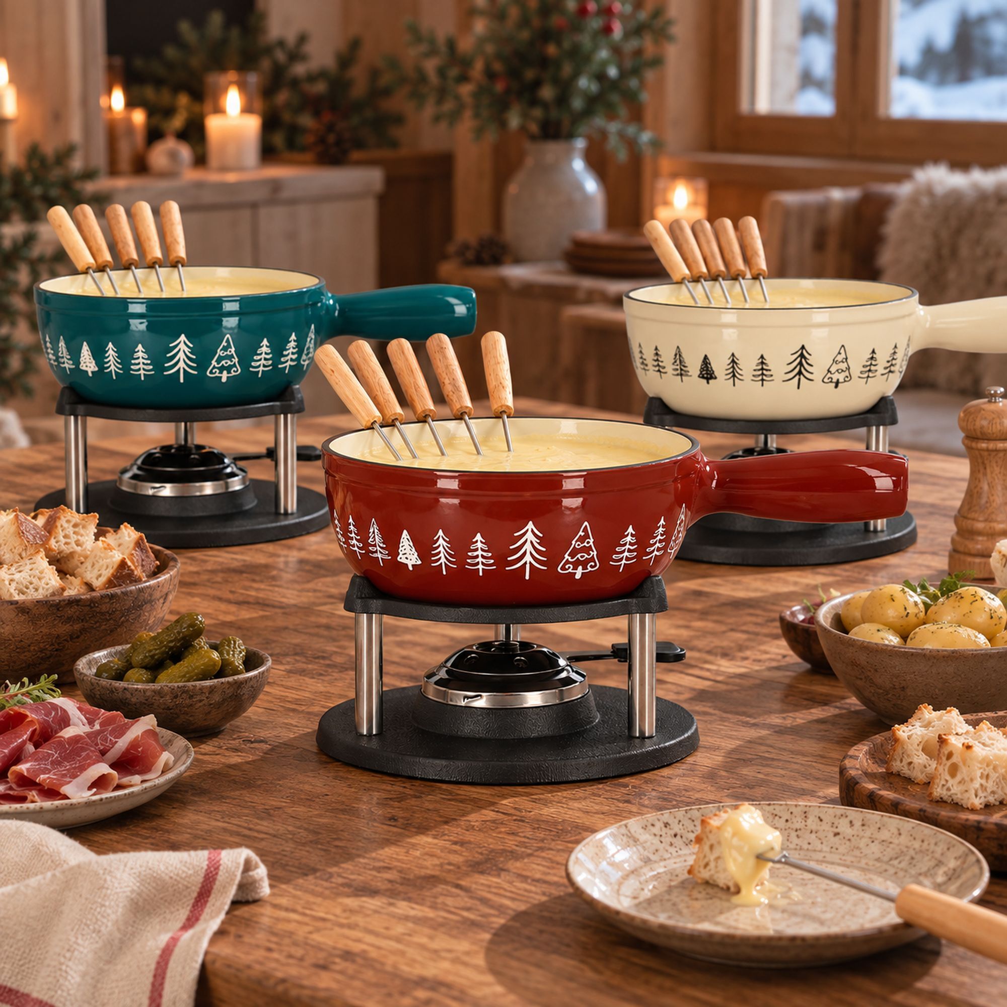 Fondue montagne 1.9l en fonte crème et brique avec 6 fourchettes