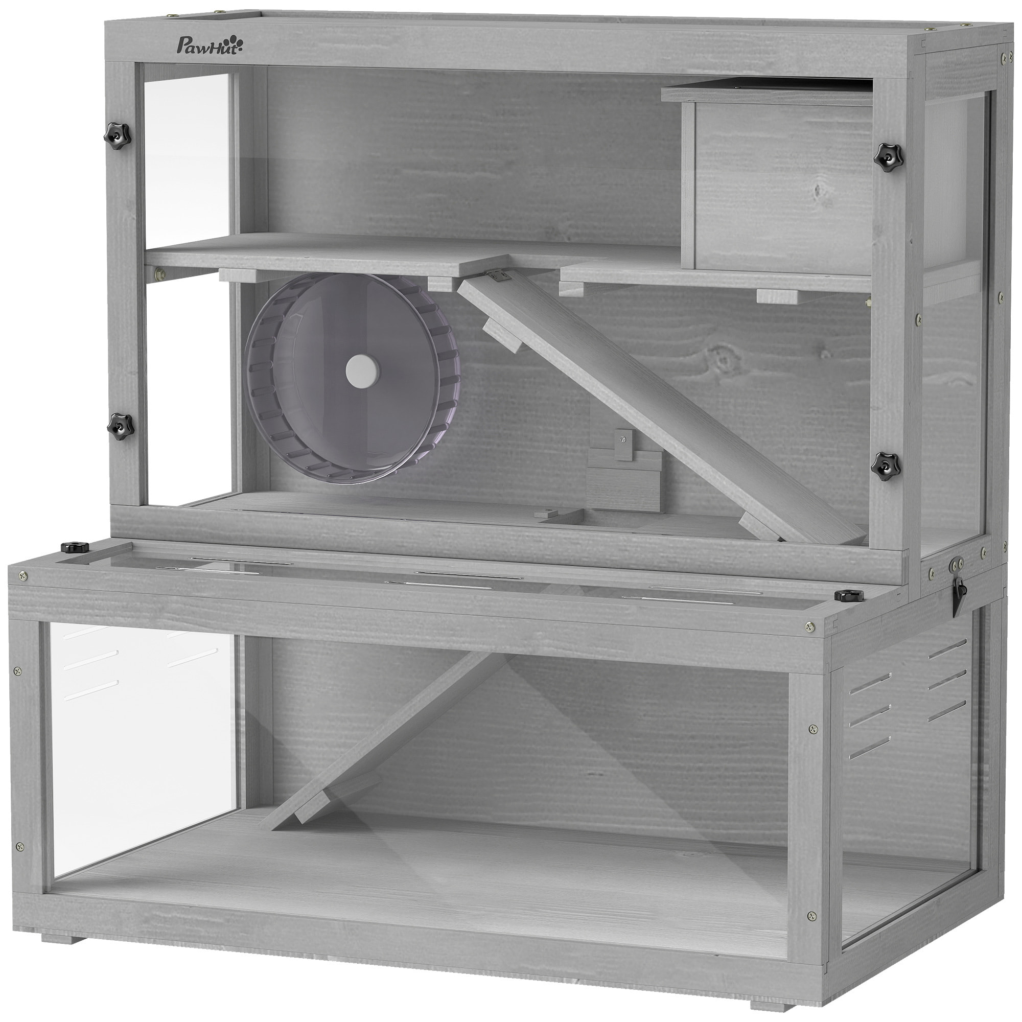Cage hamster 3 niveaux avec cabane roue rampes bois gris