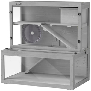 Cage hamster 3 niveaux avec cabane roue rampes bois gris