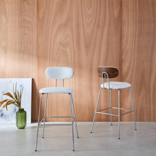 2 tabourets de bar décor bois courbé teinté noyer et tissu déperlant blanc. pieds métal chromé - L 44 x P 51 x H 103cm - Erin