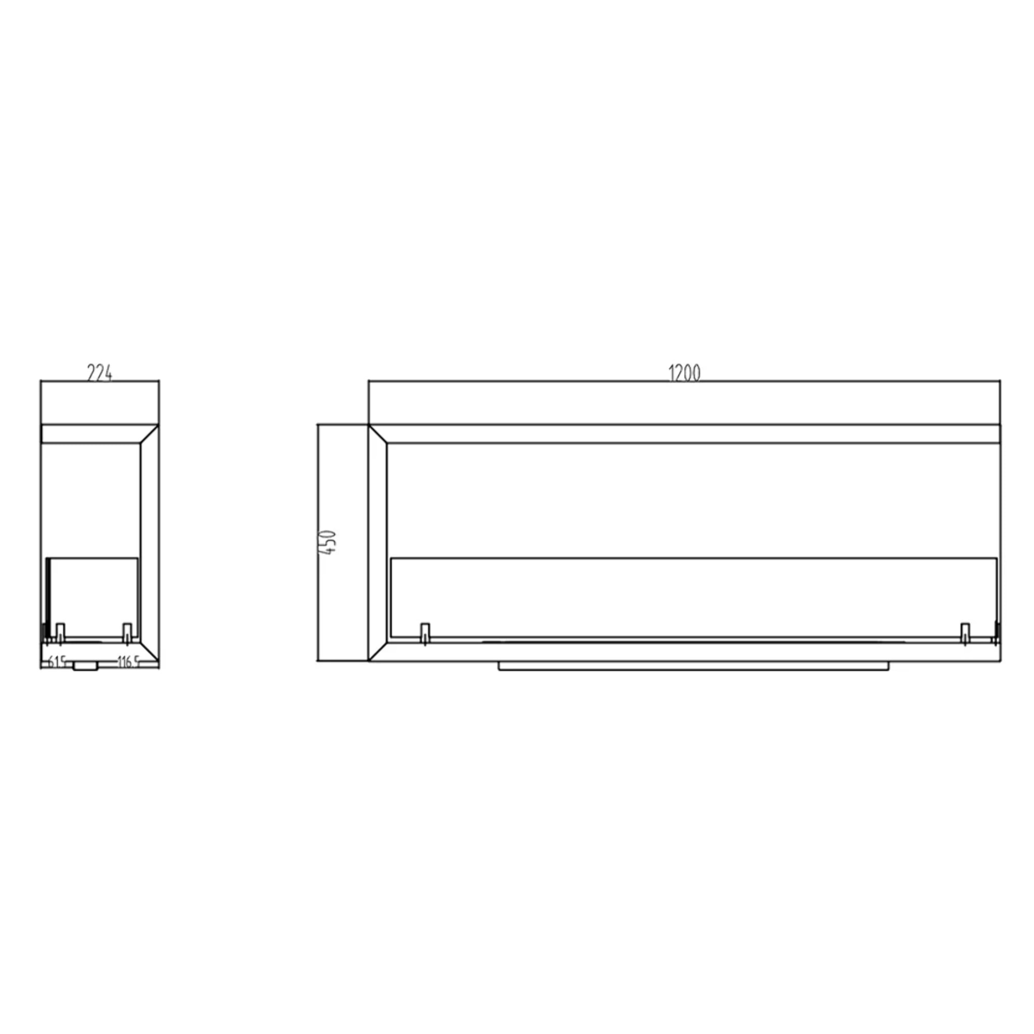 Sutri 120 - Camino a Bioetanolo da Incasso Angolare Destro 120x45x22,4 cm con Bruciatore 1,25lt in Acciaio