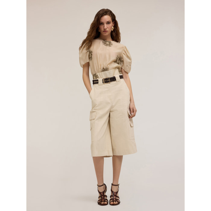 Motivi - Blusa bordada con mangas abullonadas - Beige
