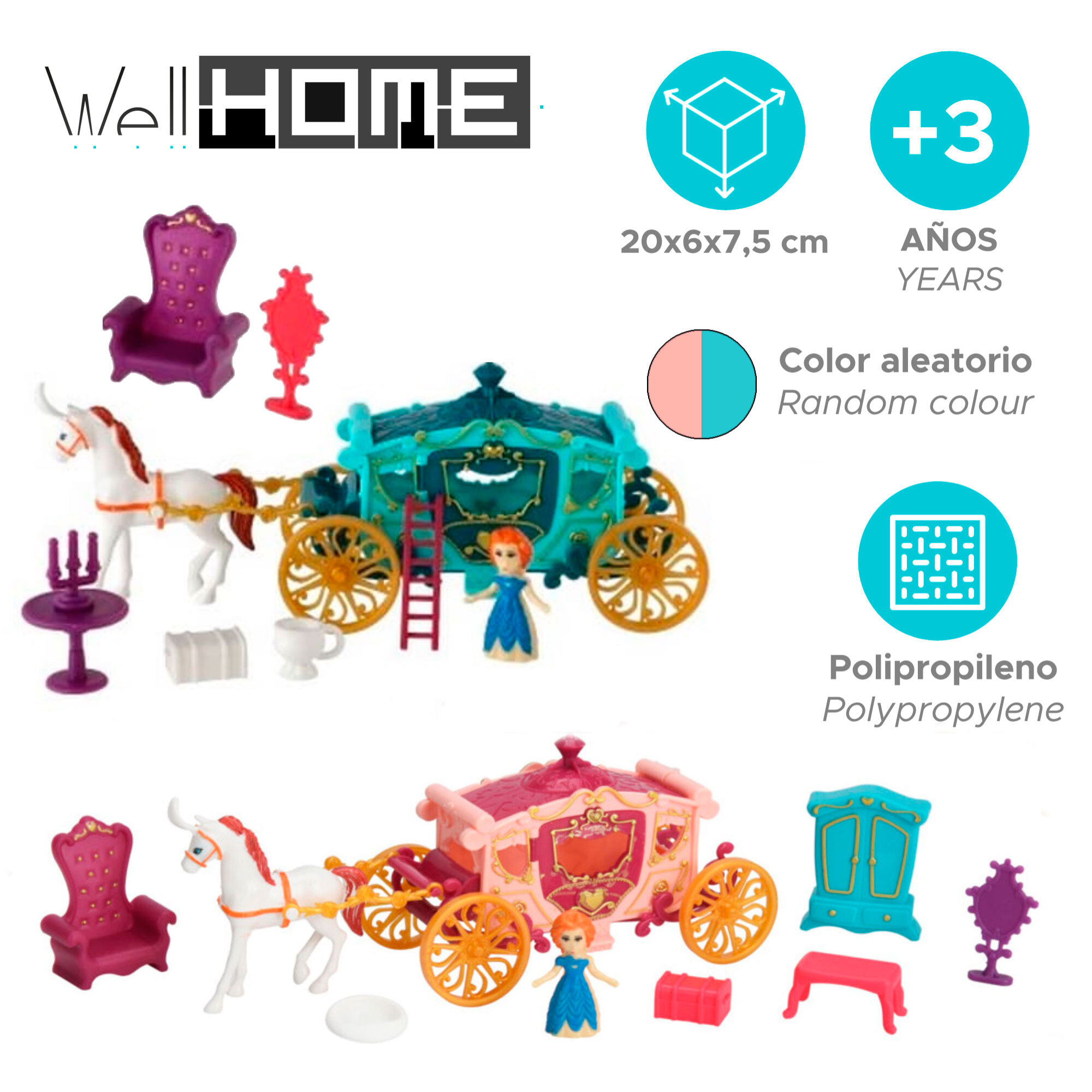 Well home carruaje con caballo y accesorios en color aleatorio en rosa o azul