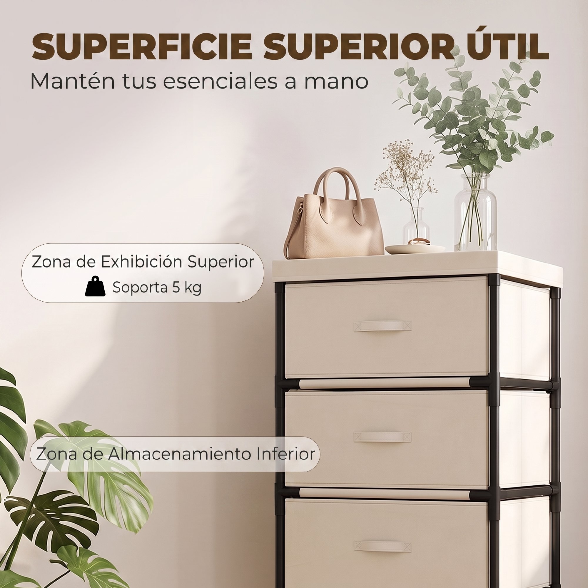 HOMCOM Cómoda con 5 Cajones de Tela, Cómoda para Dormitorio, Marco de Acero, Montaje Rápido, Cajonera para Salón, Oficina, Vestidor, Beige