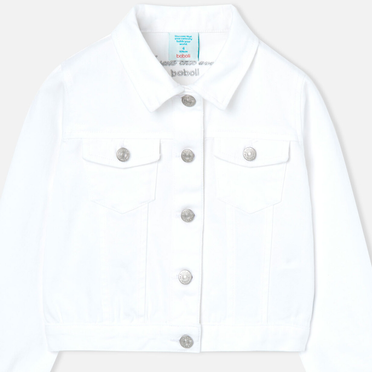 Cazadora denim elástica niña, estampado, botón, blanco