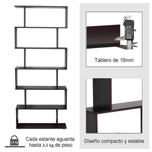 Estantería Librería 6 Estantes de Madera Forma de S Estanteria 80x25x192 Negro