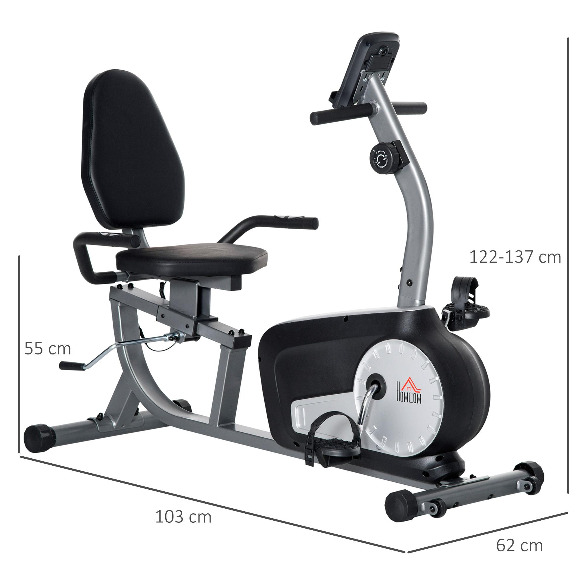 Vélo d'appartement semi-allongé magnétique écran LCD multifonction selle dossier résistance réglable acier ABS gris noir