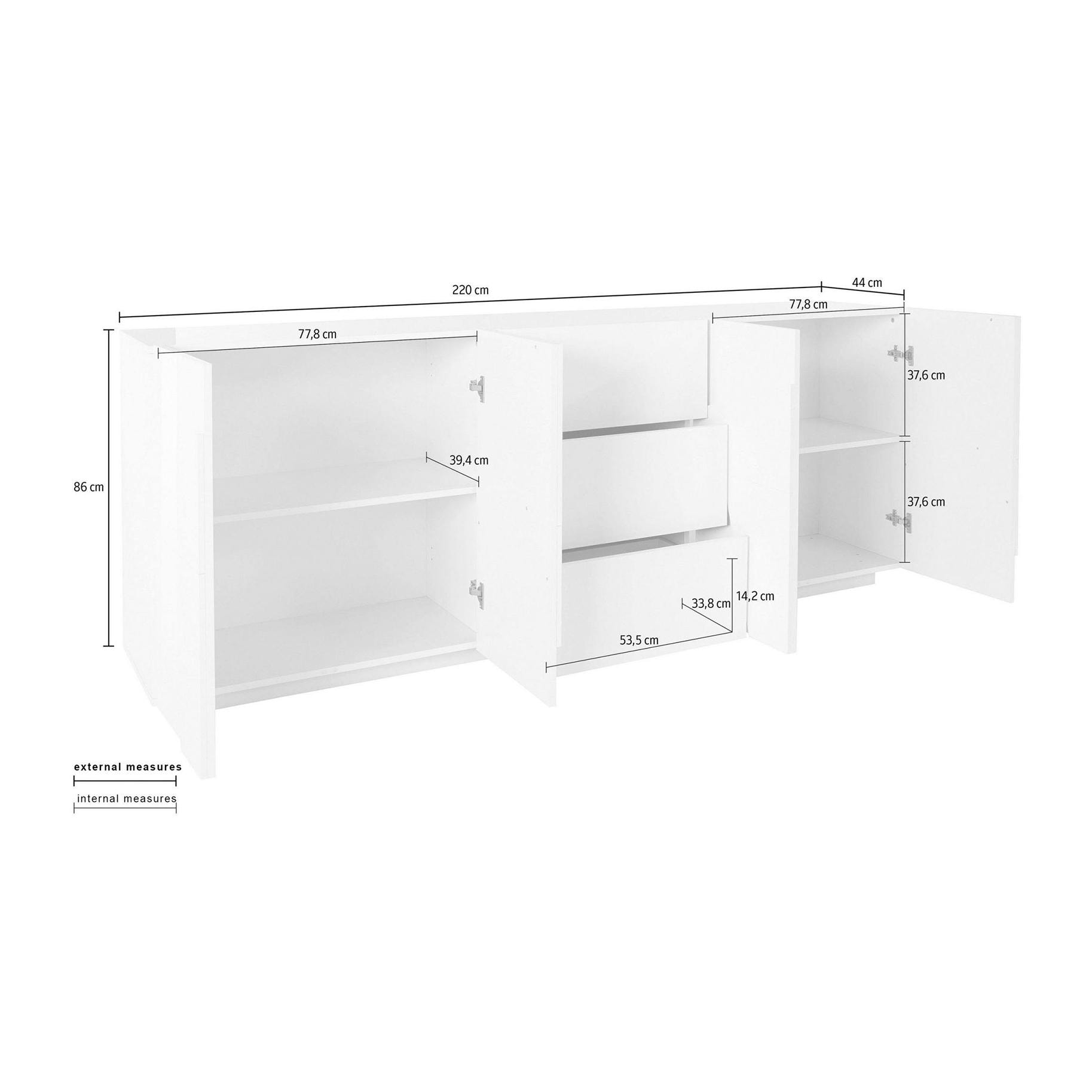 Credenza moderna a 4 ante e 3 cassetti, Made in Italy, Madia da cucina con dettaglio, Buffet di design da soggiorno, cm 224x44h86, colore Grigio Cenere