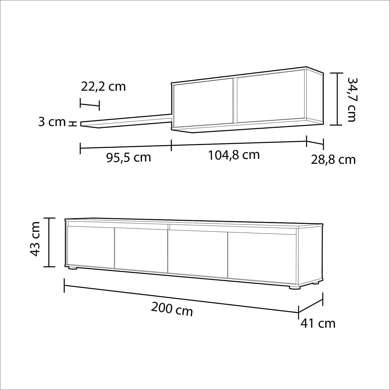 Parete attrezzata Savannah, Mobile da soggiorno porta TV, Composizione set salotto, Set salotto con pensile, cm 200x41h43, Bianco e Cemento