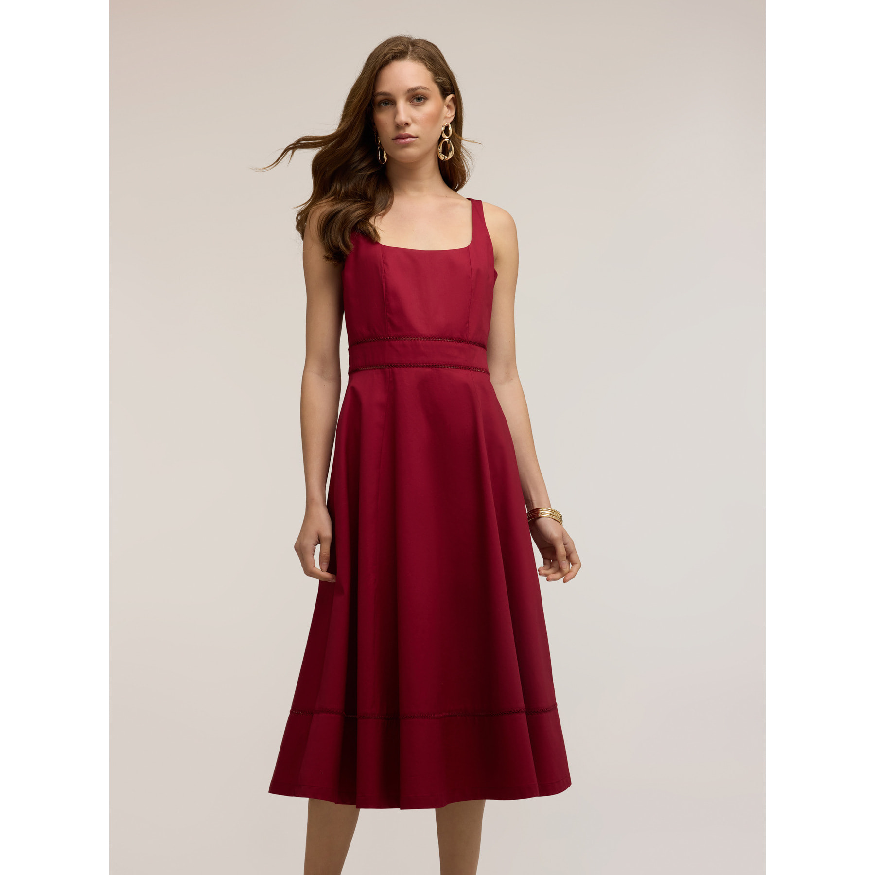 Motivi - Vestido flare en popelín con ajouré - Rojo