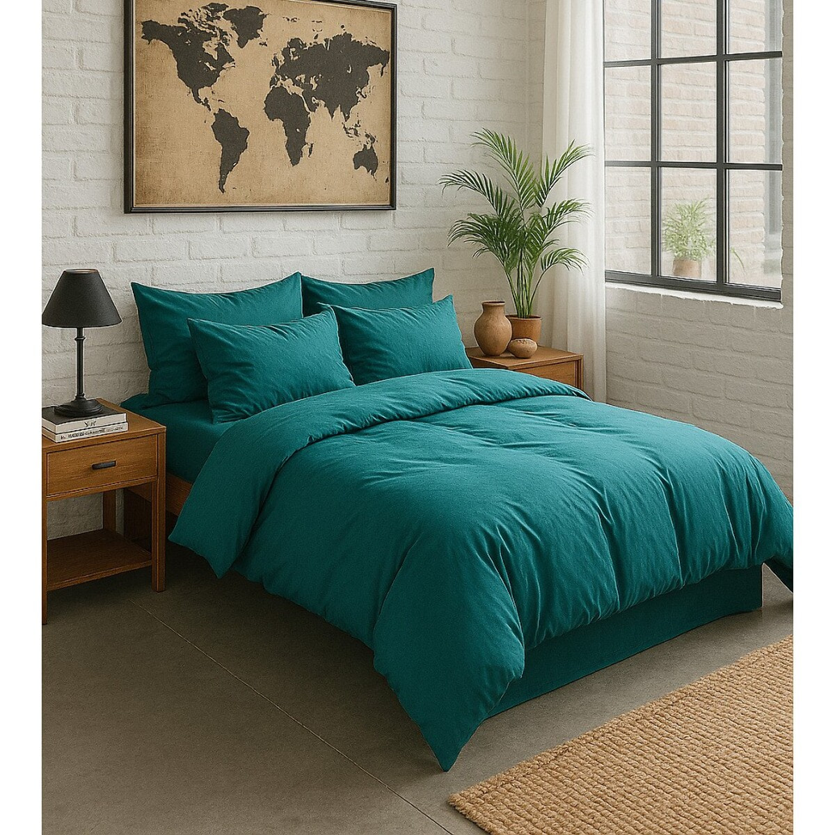 Paire de Taies D'oreiller Avec Volant 100% Percale De Coton Lavé Bleu Canard