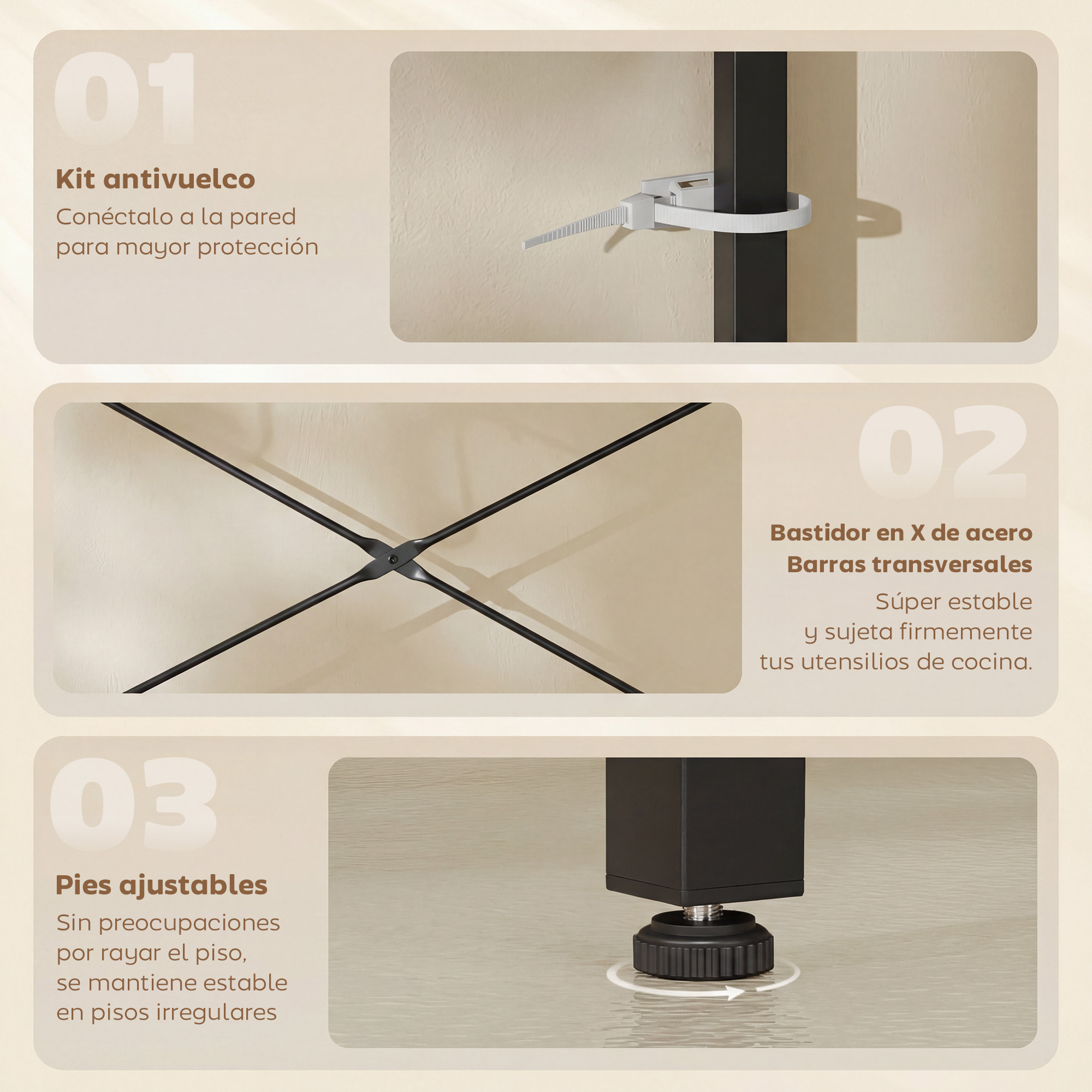 Estantería de Cocina con 2 Tomacorrientes, Estantería de Panadería Industrial con Estación de Café, Estante para Microondas, Estante Ajustable, Ganchos, 60x42x137 cm, Marrón Rústico y Negro
