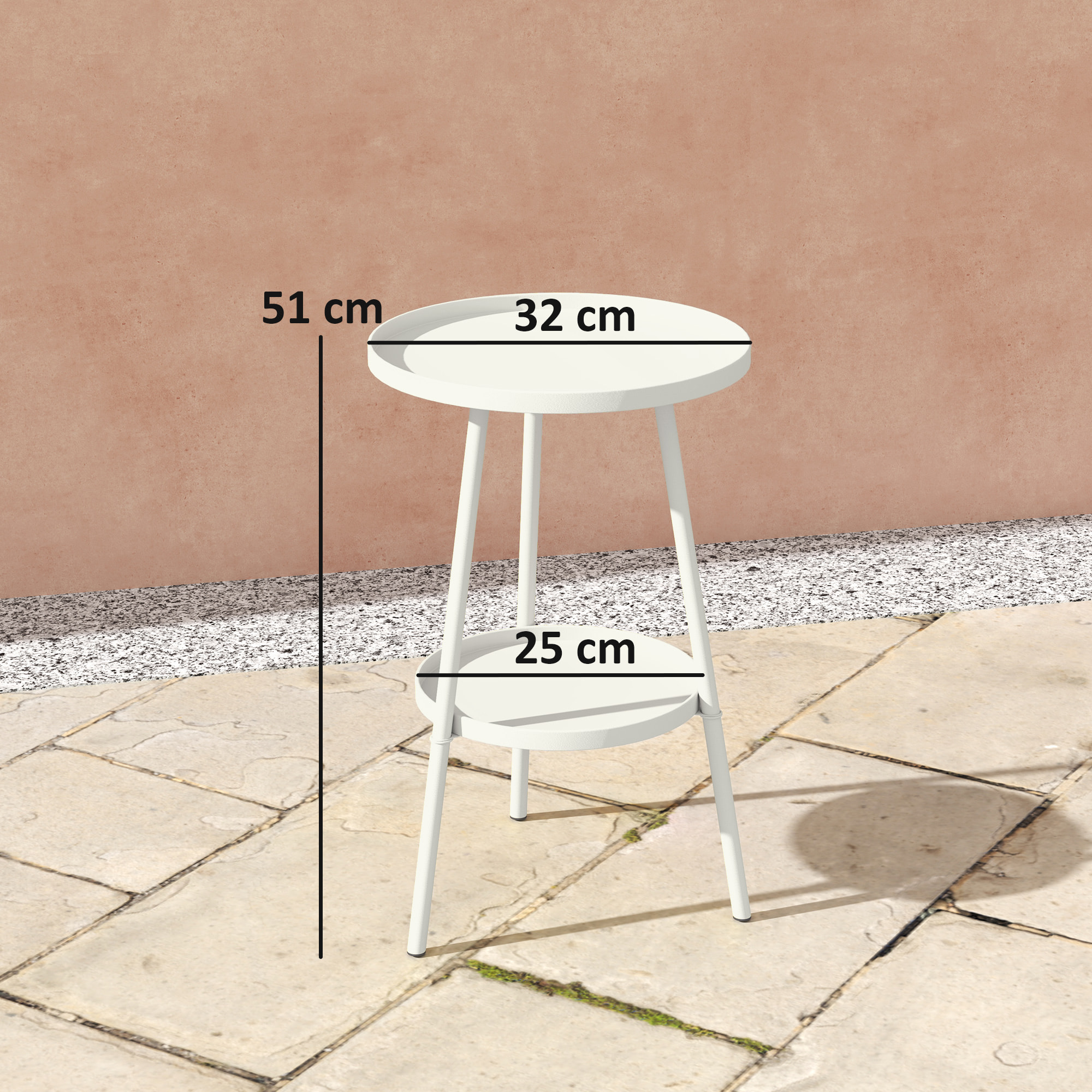 Mesa de Jardín Redonda de 2 Niveles Mesa de Terraza Exterior Ø32x51 cm con Bandeja Inferior y Estructura de Metal para Exterior e Interior Blanco
