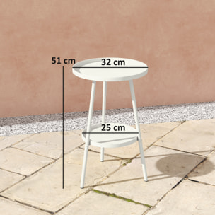 Mesa de Jardín Redonda de 2 Niveles Mesa de Terraza Exterior Ø32x51 cm con Bandeja Inferior y Estructura de Metal para Exterior e Interior Blanco